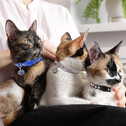 4PCS Breakaway Cat Collars,Reflective Cat Collar with Bells,Kitten Collars for Boy&Girl Cats Breakaway Collar for Cats with Paw Pendant 7.5-12.6 Inch(Black+Blue+Green+Grey)