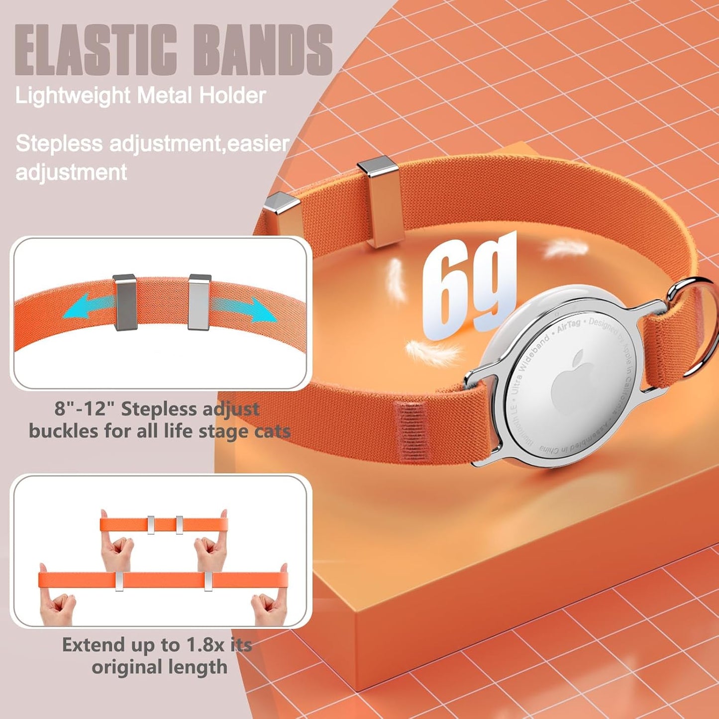 AirTag Cat Collar, Ultra Elastic Cat Tracker Collar, Airtag Holder Compatible with Apple Air Tag, [Lightweight & Scratch Resistant] Adjustable Stepless GPS Pet Collar for Cats Kittens, Orange