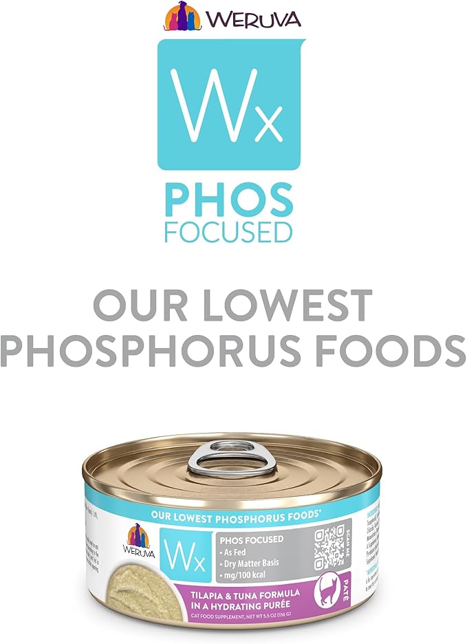 Weruva Wx Phos Focused Tilapia and Tuna Formula in a Hydrating Puree 5.5oz Can, Pack of 8