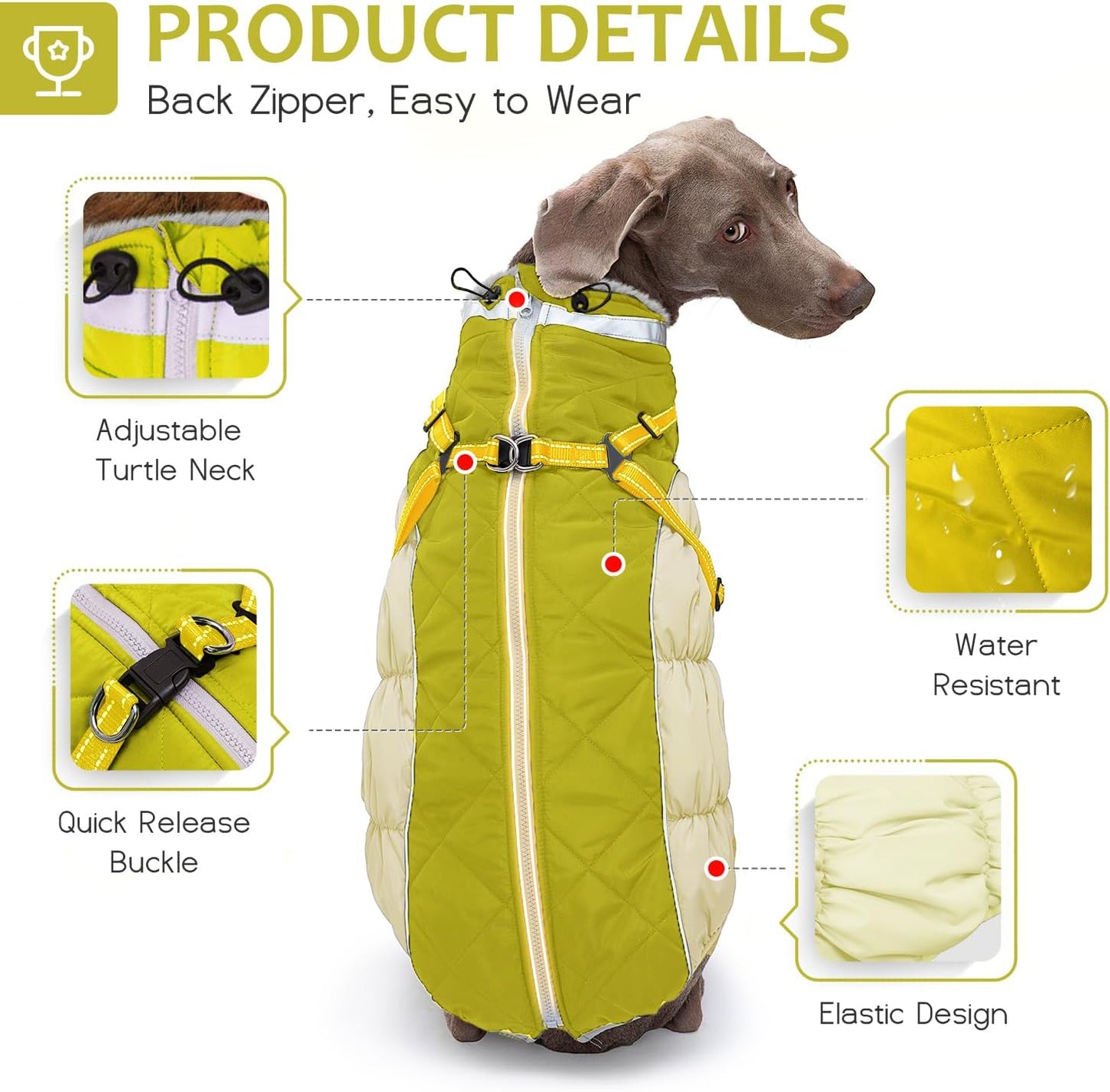 Dog Winter Coat with Harness, Dog Jacket, Pet Clothes with Zipper on Back, Waterproof Windproof Warm Vest, Reflective Cold Weather Coats, for Small Medium Large Dogs, Thick, Green, L