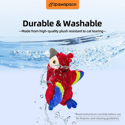 Interactive Flapping Bird Cat Toy with Catnip, Touch Activated Rechargeable, Musical Sound (can Turn Off), Satisfy Cat's Natural Huting Instinct, Soft Plush Washable Cover (Red)