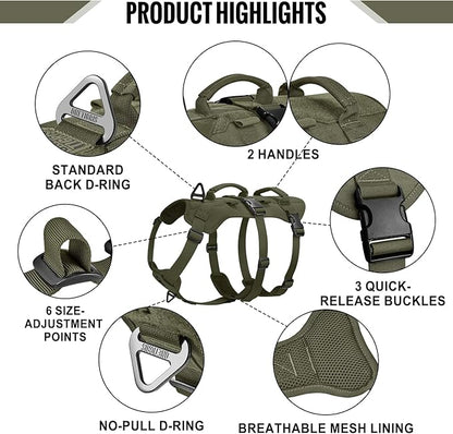 OneTigris Escape Proof Dog Harness, No Pull Dog Harness with Handles, Tactical Multi-Use Support Dogs Harnes for Large Dogs Everyday Wear Walking Hiking Training (Green, X-Large)