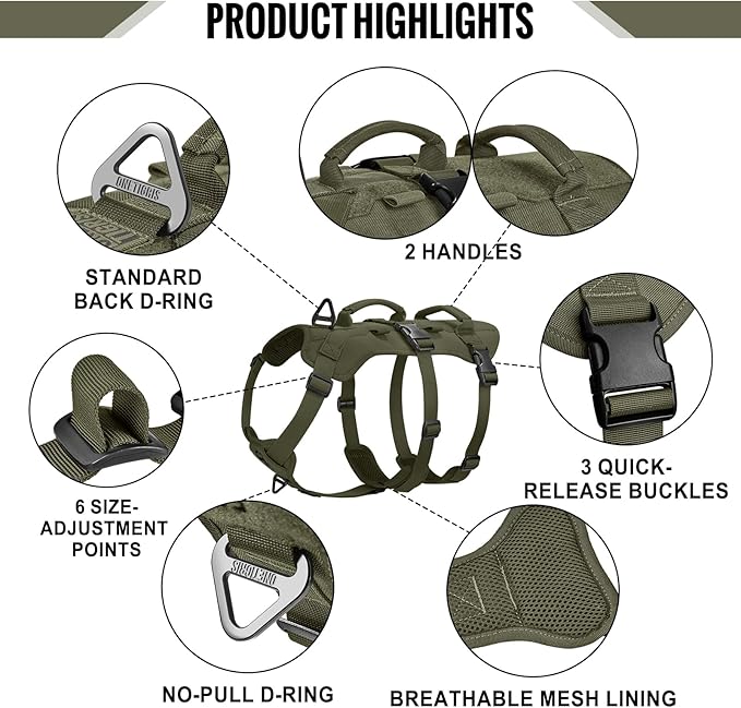OneTigris Escape Proof Dog Harness, No Pull Dog Harness with Handles, Tactical Multi-Use Support Dogs Harnes for Large Dogs Everyday Wear Walking Hiking Training (Green, Large)