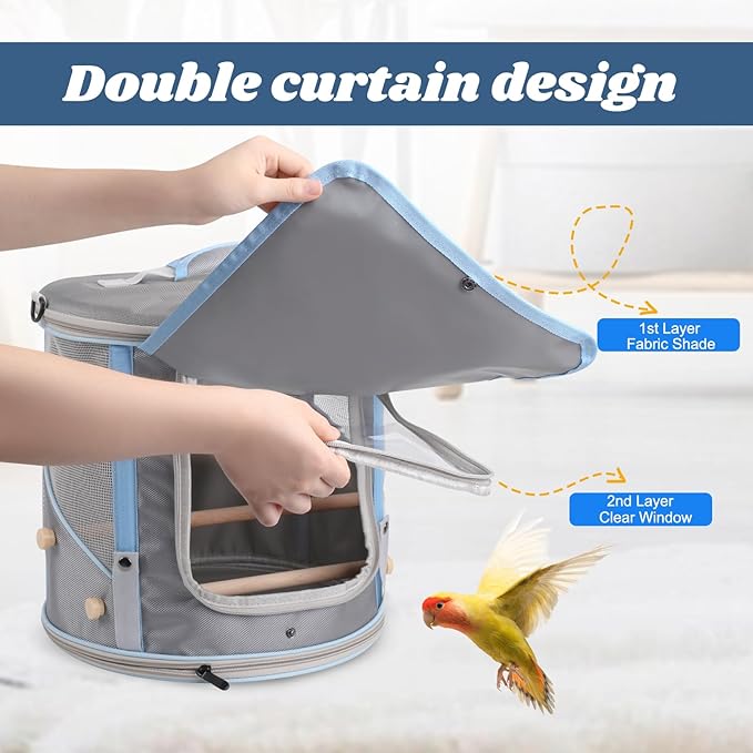 Bird Travel Carrier Cage for Small to Medium Size, Portable Parrot Parakeet Cockatile Conure Transport Cage with Clear Window and Fabric Shade, Round Carry Bird Bag