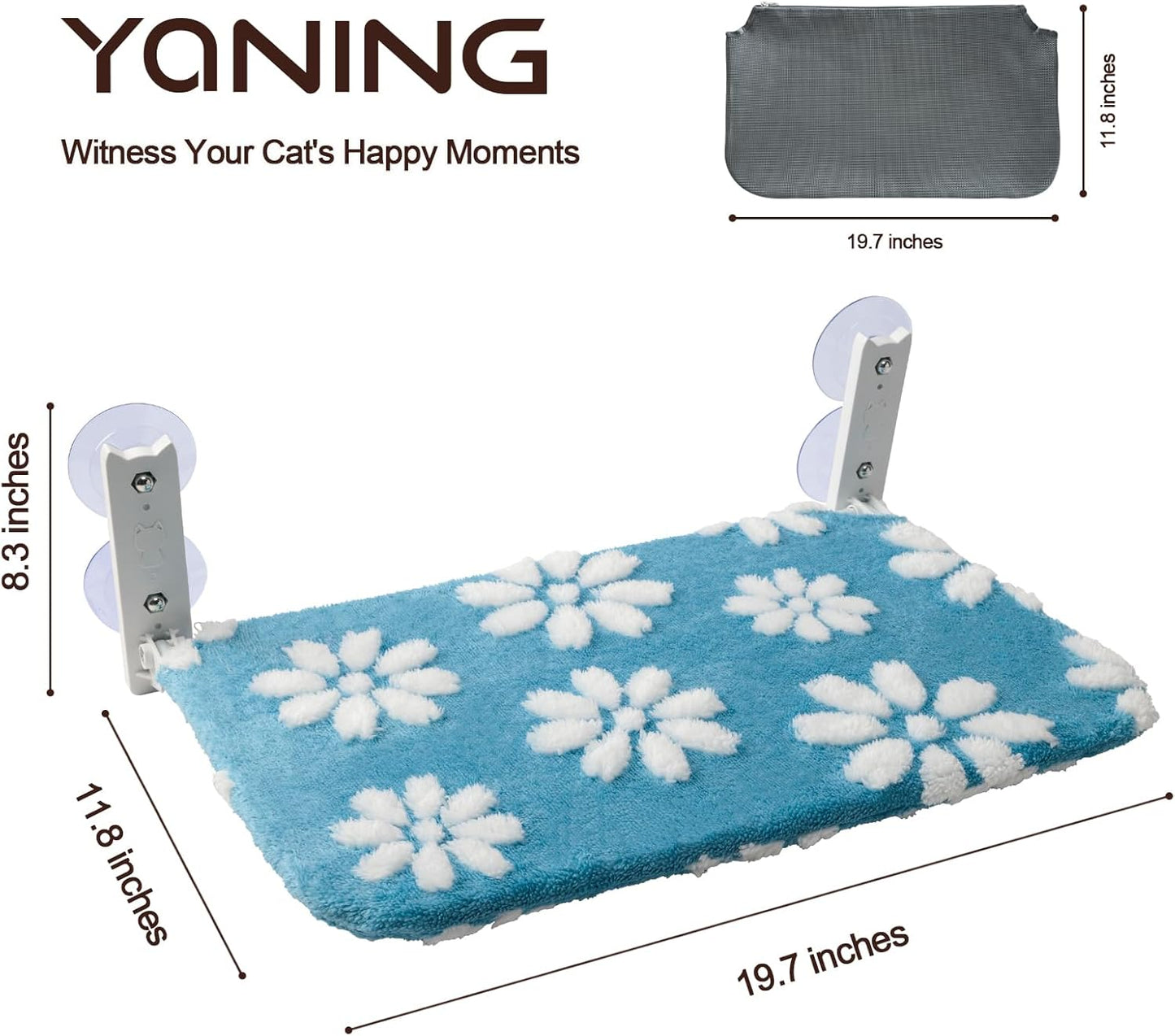 Cat Window Perch, Foldable Cat Window Hammock with Cute 3D Textured Flower Cover, Breathable Mesh Cover and Strong Suction Cups, Cordless Window Seat Bed for Indoor Cats (Blue, Medium)