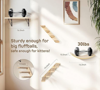 Wall Mounted Cat Shelves Stairs Set, 4 Piece Wood Cats Wall Furniture with Sisal Cat Window Perch, Flat Perch & Dual 4-Step Ladders for Climbing & Scratching