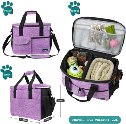PetAmi Dog Travel Bag - Travel Pet Organizer with Food Container and Bowls, Perfect for Weekend Camping, Cat Diaper Bag (Purple, Medium)