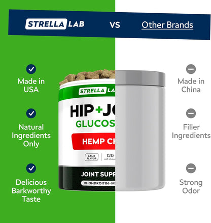 Advanced (Hemp+Glucosamine) Joint Treats for Dogs - Hip & Joint Supplement w/Chondroitin, Omega-3, MSM - Hemp Chews for Dogs Hip & Joint Pain Relief - Hip & Joint Care - Lamb Flavor - 120Ct