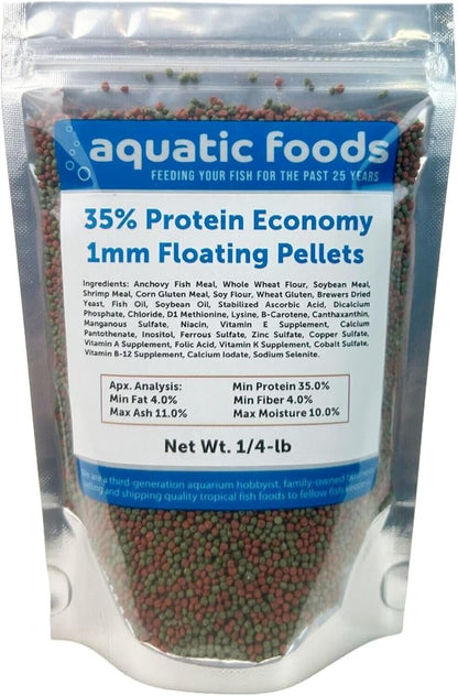 Aquatic Foods Inc. 1mm - 1/32, 35% Protein Economy Floating Pellets for All Community Fish, Tetras, Guppies, Angel Fish, Cichlids, Goldfish. All Tropical Fish - WL…1/4-lb Foil Pouch Bag