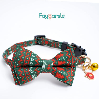 2 Pack Cotton Christmas Cats Collar with Bow Tie Red Green Cat Collars for Girl Female Boy Male Cat Collar with Bell Elk Cute Gloves Charms