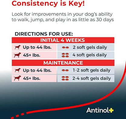 Antinol Plus, Mobility, Hip, and Joint Supplement for Dogs, Green-Lipped Mussels and Krill Oil - Dog Joint Supplement, Better and Faster Than Glucosamine and Chondroitin, 180 Soft Gels
