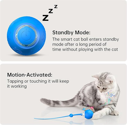 Interactive Cat Toy for Indoor Cats,Automatic Electric Self Rotating Ball with Chirping, Led Light and Long Tail for Motion Activated, Smart Spinning Ball for Fun Exercise, Blue
