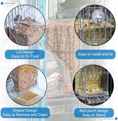 Hamiledyi No Mess Bird Cage Feeder 2Pack Automatic Parrot Seed Feeders with Perch Acrylic Transparent Seed Food Container Cage Accessories for Small and Medium Lovebirds Parakeets