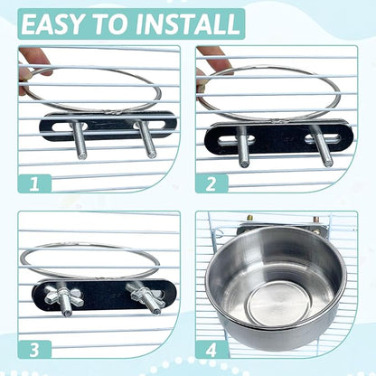 PINVNBY 2 PCS Stainless Steel Bird Bowl Parrot Food Water Bowls with Clamp Holder Bird Feeder Dish Cups Crate Bowls for Cockatiel Pigeons Conure Budgies African Greys (Double Screws Size: S)