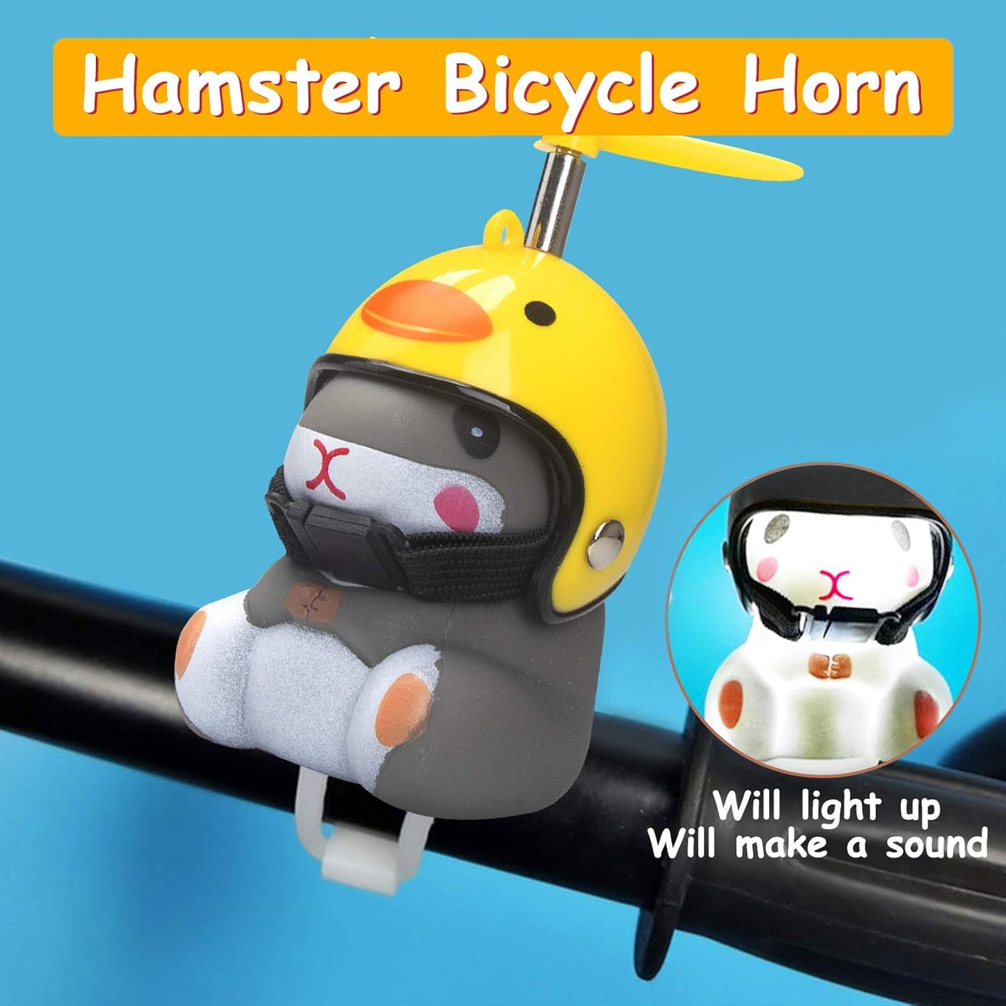 wonuu Duck Bike Bell with Light and Helmet Cute Hamster Bicycle Horn, Dashboard Decoration Hamster Toy Motorcycle Bike Bells Rubber Duck Car Dashboard Decorations (Chicken-Hamster)