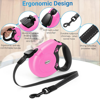 Retractable Dog Leash, 26 Ft Heavy Duty Pet Walking Leash for Small Medium Large Dogs up to 99lbs, Anti-Slip Handle, 360 ° No Tangle, Nylon Tape, One-Handed Brake (Pink)