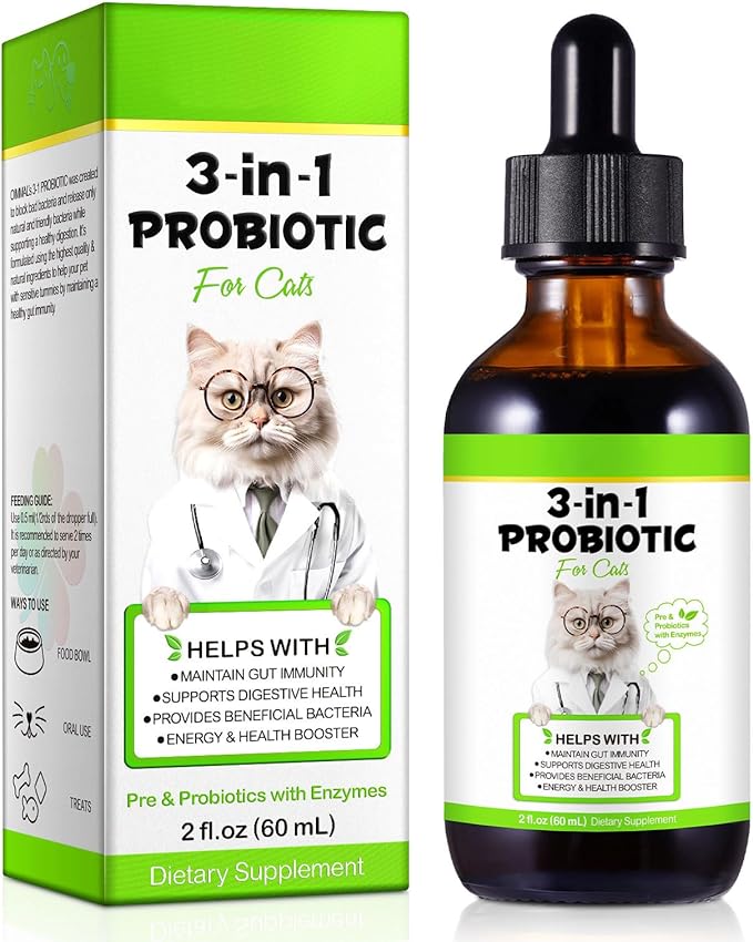 3-in-1 Probiotics for Cats with Digestive Enzymes & Prebiotics, Cats Probiotics Supplement Help Digestive Support Gut Health, Sutiable for All Ages, 60ml
