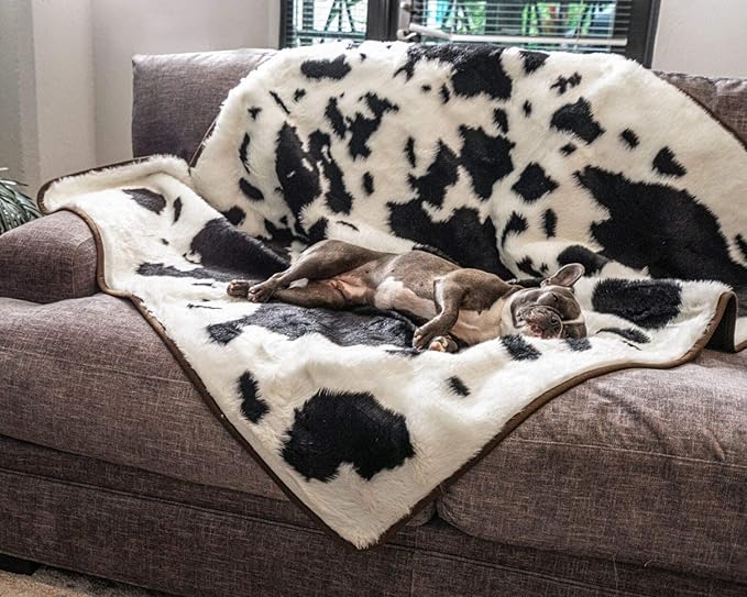 PupProtector Waterproof Throw Blanket for Dogs and Cats, Pet Blanket Cover for Couches, Sofas, Beds, Car Seats, Furniture, Calming Soft Faux Fur, Black and White Cowhide, Original (60" L x 50" W)