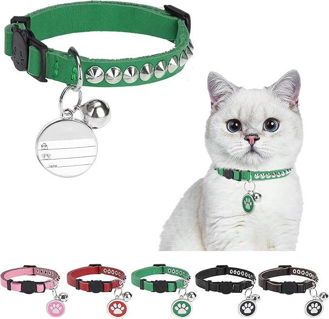 Leather Personalized Breakaway Cat Collar with Studded Bell and Safety Quick Release Buckle - Rivets Studded ID DIY Collars for Boy Girl Cats Kittens, 9" - 11.5" Green
