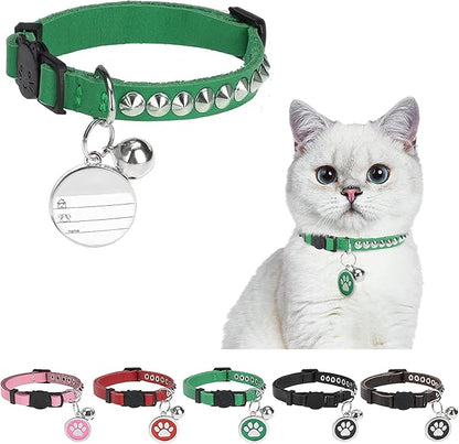 Leather Personalized Breakaway Cat Collar with Studded Bell and Safety Quick Release Buckle - Rivets Studded ID DIY Collars for Boy Girl Cats Kittens, 9" - 11.5" Green