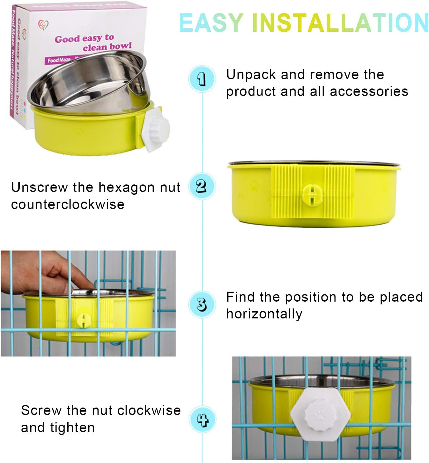 Crate Dog Bowl Removable Stainless Steel Water Food Feeder Bowls Cage Coop Cup for Cat Puppy Bird Pets (Large, Purple)