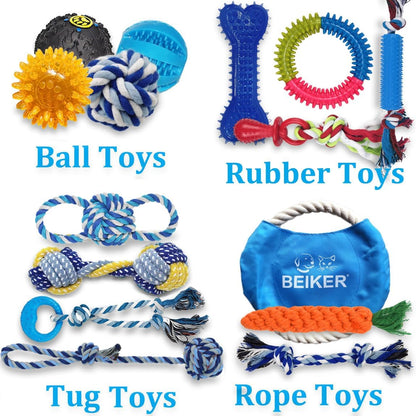 Beiker Dog Teething Chew Toys - 15 Pack Small Medium Breed Puppy Toy, Variety Dogs Rope Chew Toys Bundle for Boredom, Pet Interactive Squeaky Treat Dispensing Ball for Puppies