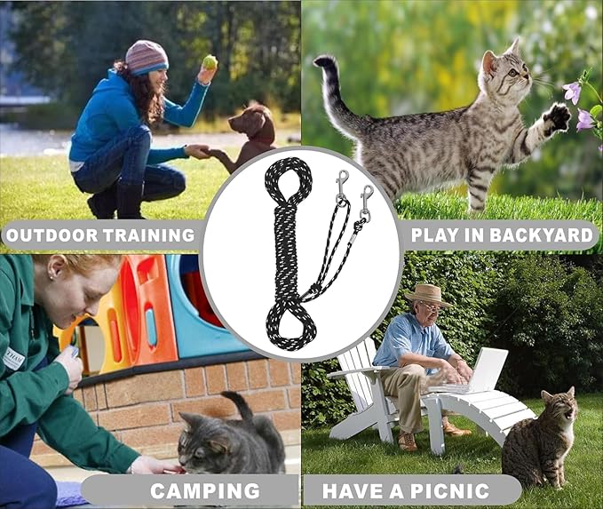 Reflective Cat Leash -15FT Cat Cable Out Escape Proof Walking Yard Long Durable Safe Leash Traning Play Outdoor for Puppies/Kittens/Small Animals(Black)