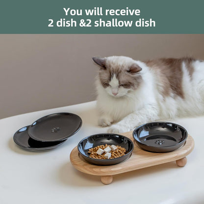 Raised Ceramic Cat Dishes, Food& Water Bowl with 2 Style Stand Adjustable Raised Pet Bowl Set, Anti Whisker Fatigue(2Dish+2Shallow Dish+Stand, Black