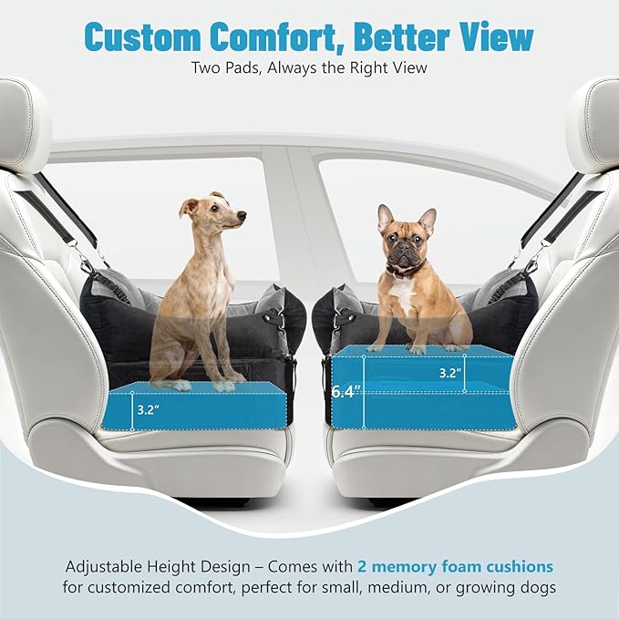 EASTBLUE Dog Car Seat for Small Medium Dogs Up to 35 lbs, 2 Memory Foam Pads Dog Booster Car Seat with Seatbelt, Washable Pet Carseat for Puppy & Cat, Dogs Travel Bed for Cars (Black/Grey)