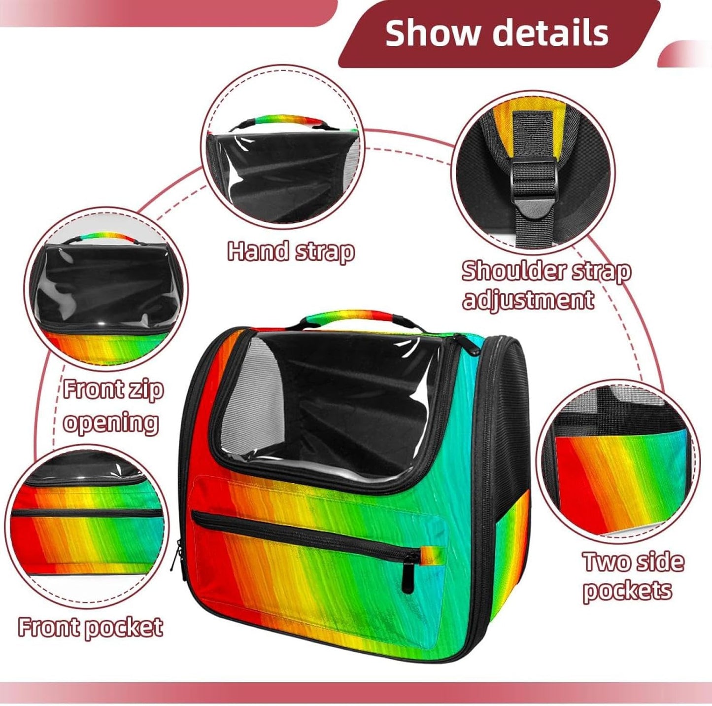 Rainbow Pet Travel Carrier | Ventilated Comfortable Design with Safety Features | Ideal for Small to Medium Sized Pets Cats, Dogs etc