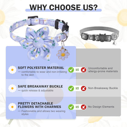 Breakaway Cat Collars for Girl Boy Cats, 2 Pack Cute Kitten Collar with Bells & Flowers, Safety Adjustable Female Male Kitty Puppy Floral Collar Pink & Blue, Small Pet Spring Gifts