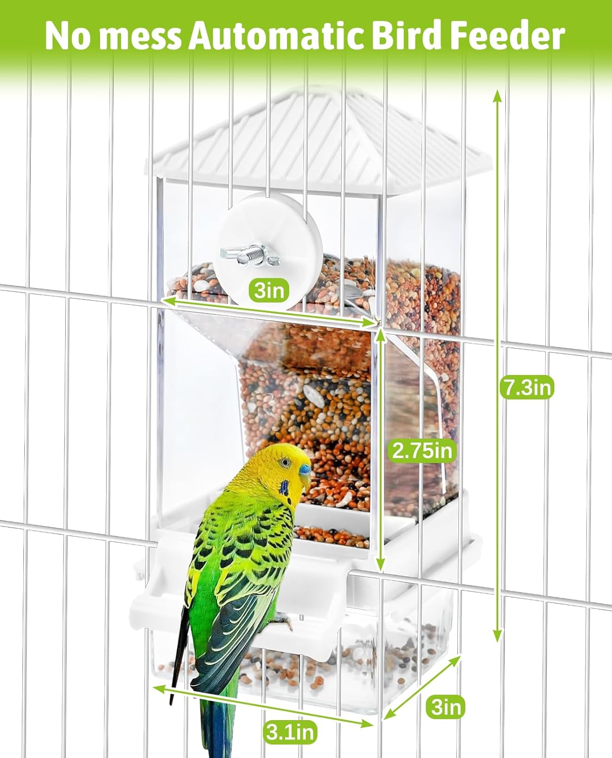 Hamiledyi Automatic Bird Feeder No Mess Bird Cage Feeder Seed Food Container with Perch Transparent Parrot Cage Accessories for Parakeets, Budgies, Cockatoos, Finches, Lovebirds, Canaries (White)