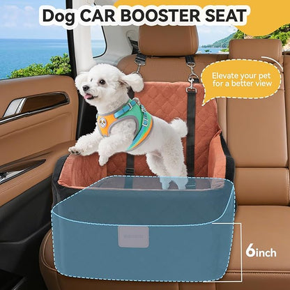 Dog Car Seat for Small/Medium Dogs, Memory Foam Dog Booster Seat for Dogs up to 35 lbs, Travel Safety Per Car Seat with Washable Removable Cover and Storage Pockets (Black/Brown, Medium)
