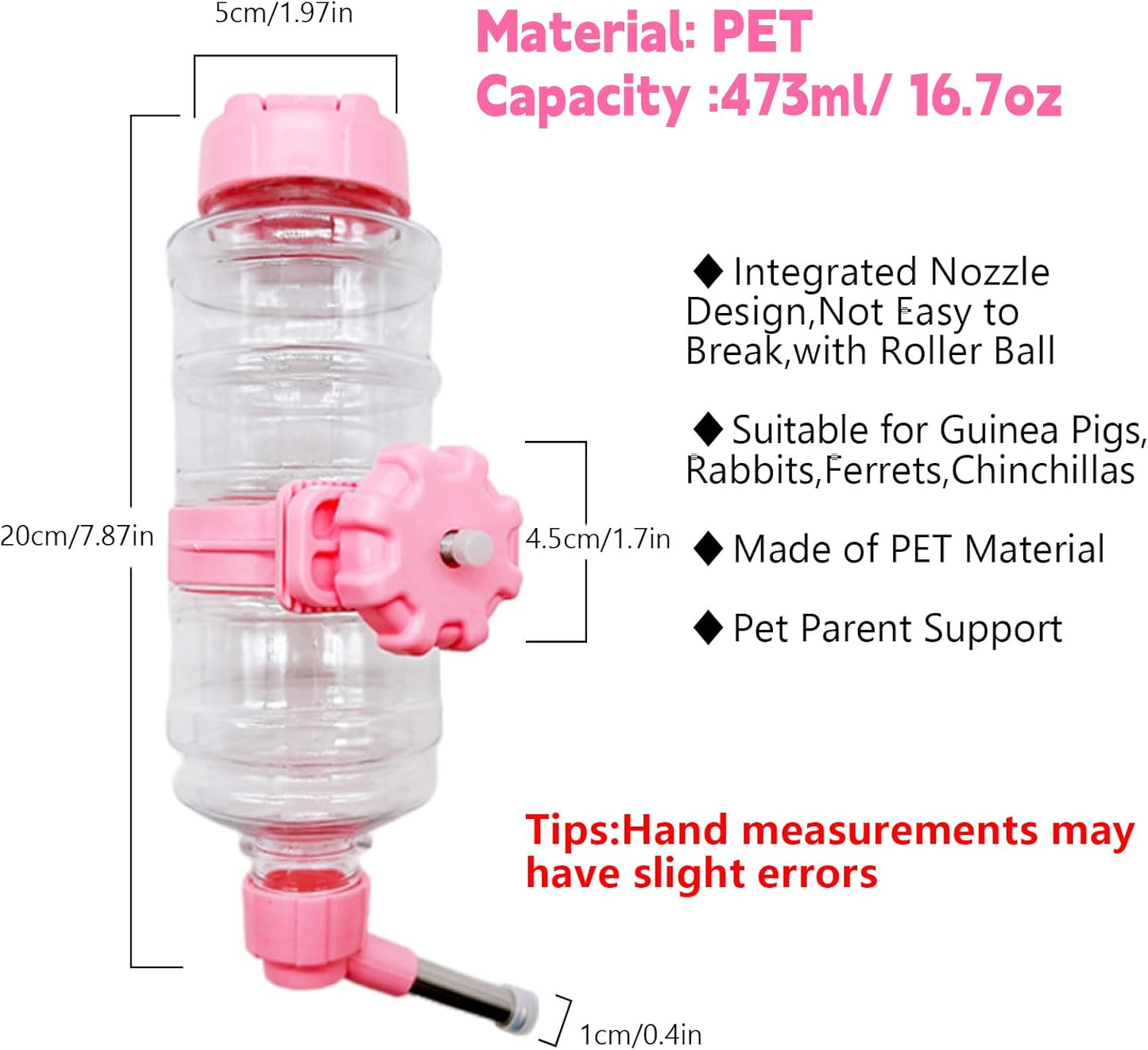 16.7oz Guinea Pig No Drip Water Bottle,Rabbit Hanging Leakproof Water Dispenser,Bunny Automatic Feeder,Ferret Cages Accessories for Chinchilla Squirrel Hedgehog (Pink)