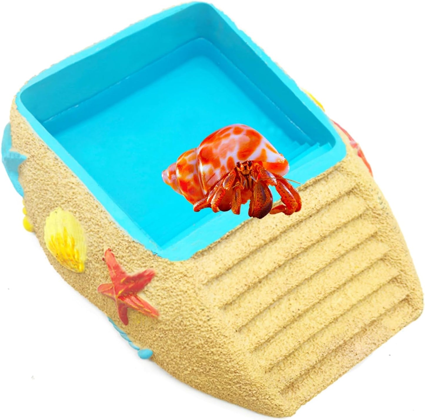 Hermit Crab Water Bowl with Climbing Ramp, Resin Reptile Water Dish Tortoise Habitat Accessories for Turtle, Snake, Lizard, Frog, Gecko, Bearded Dragon (M)