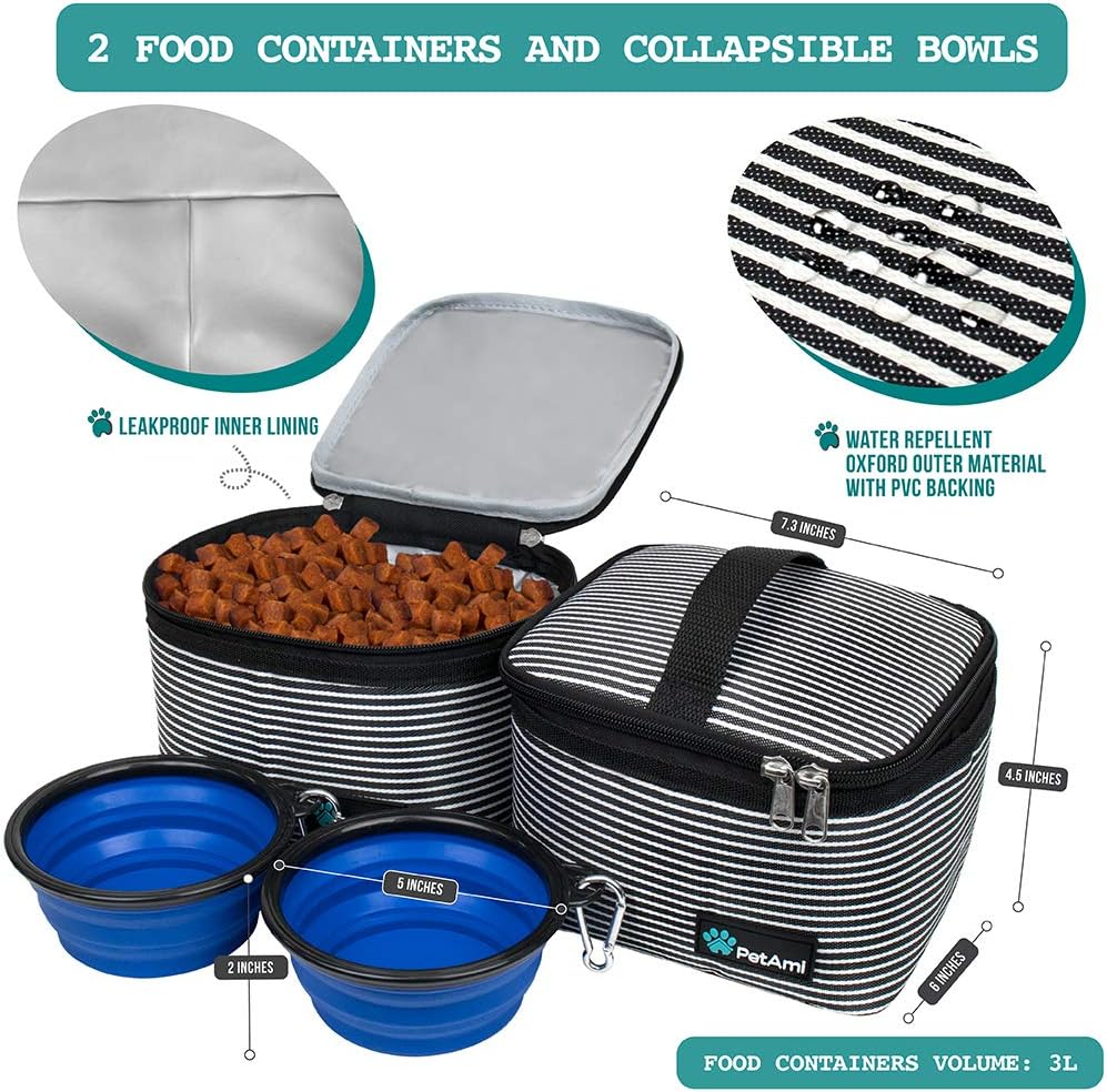 PetAmi Dog Travel Bag - Travel Pet Organizer with Food Container and Bowls, Perfect for Weekend Camping, Cat Diaper Bag (Stripe Black, Medium)
