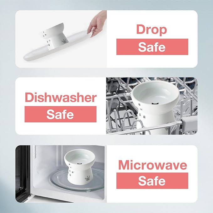 Necoichi Raised Cat Food Bowl – Ceramic Elevated Cat Bowl for Whisker & Neck Fatigue, Dishwasher Microwave Safe – Non-Slip & Anti Vomiting Ergonomic Design (Cats, Large)