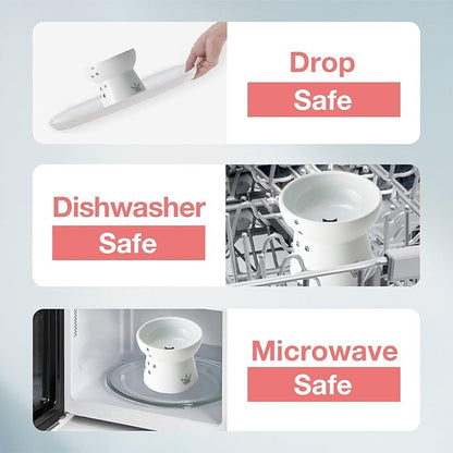 Necoichi Raised Cat Food Bowl – Ceramic Elevated Cat Bowl for Whisker & Neck Fatigue, Dishwasher Microwave Safe – Non-Slip & Anti Vomiting Ergonomic Design (Cats, Large)