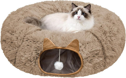 Cat Tunnel Bed for Indoor Cats, Soft Plush Donut Peekaboo Cat Cave, Multifunctional Playground Toy for Small Medium Large Cats, Kittens, Rabbits, Ferrets, with Washable Cushion (Brown)