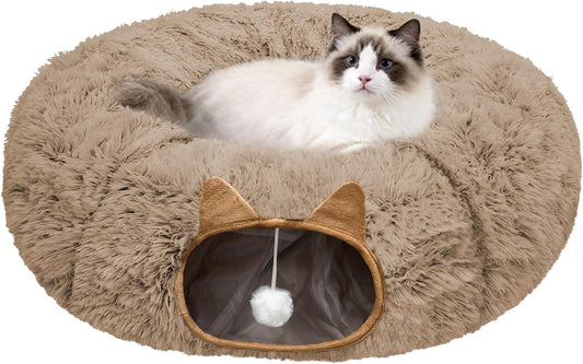 Cat Tunnel Bed for Indoor Cats, Soft Plush Donut Peekaboo Cat Cave, Multifunctional Playground Toy for Small Medium Large Cats, Kittens, Rabbits, Ferrets, with Washable Cushion (Brown)