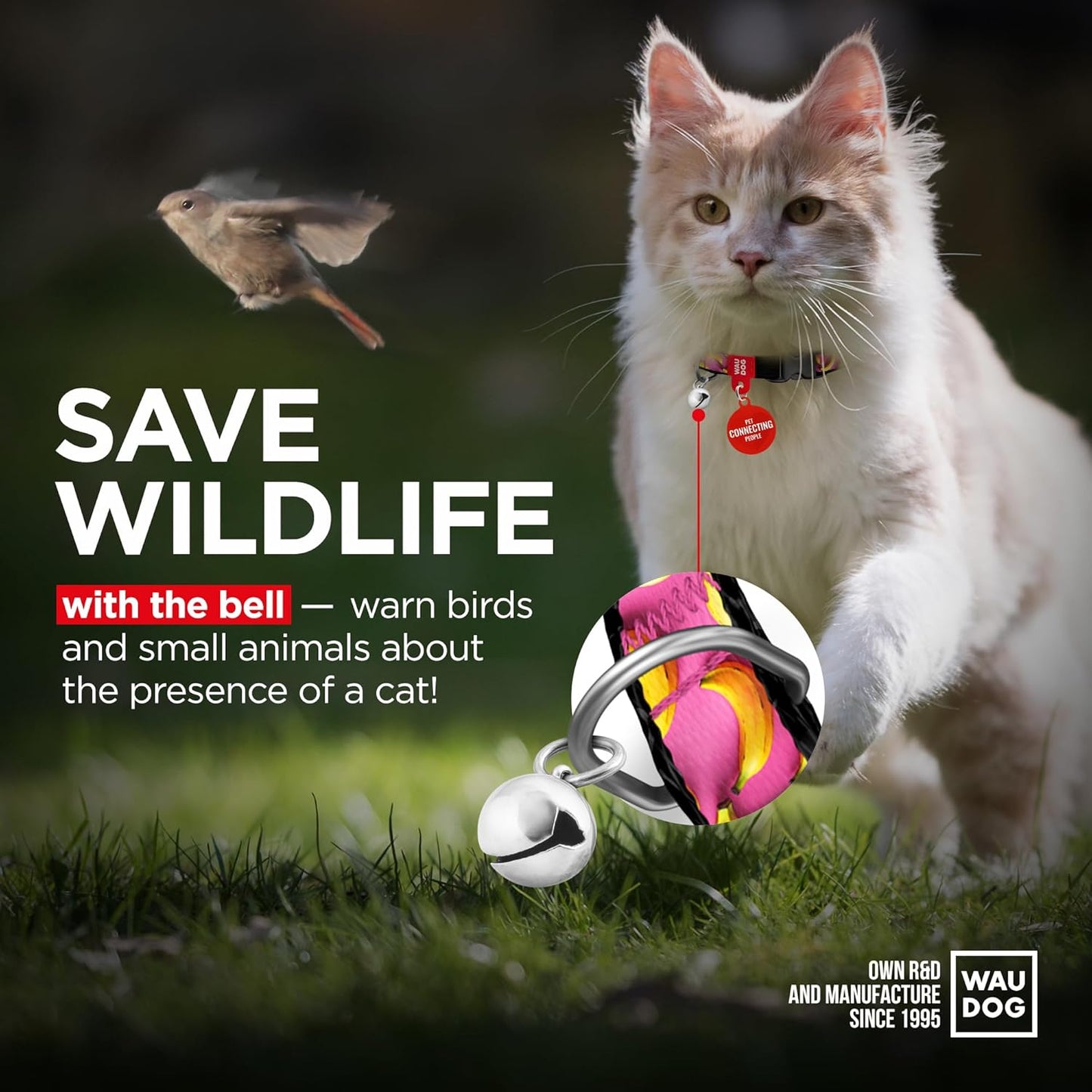 WAUDOG Nylon Cat Collar with Removable Bell and QR ID Tag for Small, Medium and Large Breeds Adjustable Long Lasting Durable Kitten Collars Boy & Girl