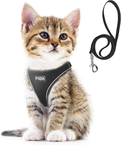 Fida Cat Harness and Leash Set for Walking Kitten and Puppy, Escape Proof Kitten Harness with Breathable Lightweight Soft Mesh, Adjustable Reflective Step-in Design for Kitten and Puppy.(XXXS, Black)