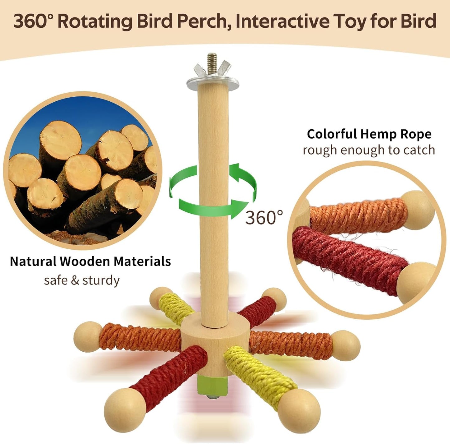 Rotating Bird Perch Toy – Fun Spinning Cage Stand for Parakeets, Budgies, Lovebird, Cockatiels, Conure, Finches & Quaker – for Small-Medium Birds to Relieve Boredom & Encourage Play (Yellow)