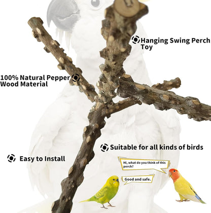 FlidRunest Bird Perch, Hanging Bird Tree Ceiling Perch Swing Toy, Natural Pepper Wood Bird Training Toy for Parrot Parakeet Cockatiel Conure Small-Medium Birds