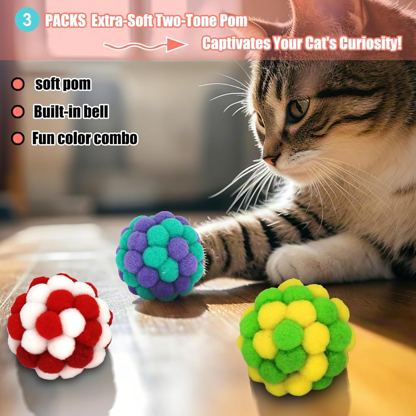 6 Pack Cat Toys Balls - 3 Jingle Bell Ball & 3 Soft Pom Pom Balls, Interactive Kitten Toys for Hunting/Kicking, Handmade, Small 1.8” & Large 2.1” for Adult Cats/Kittens