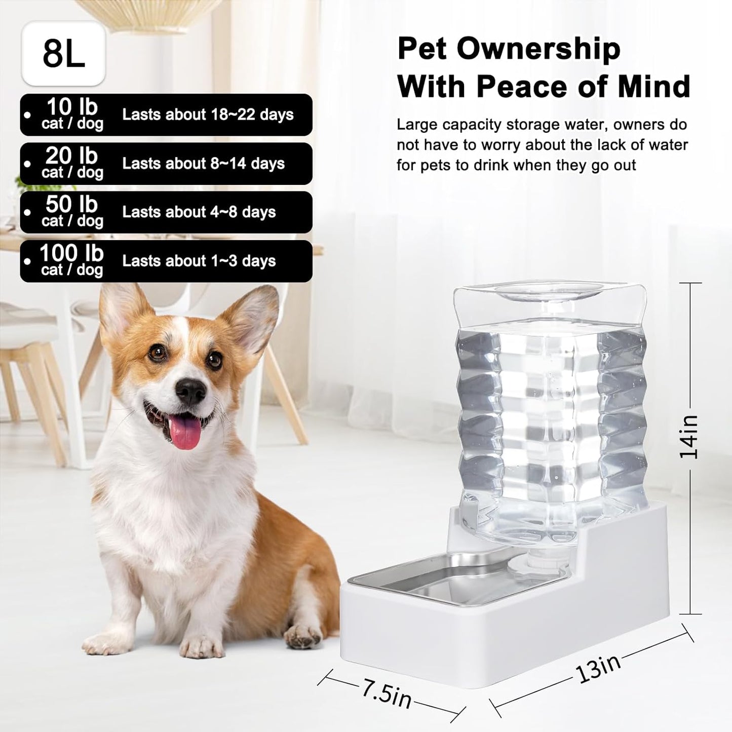 Sfozstra Dog Water Bowl Dispenser: 8L Lagre Automatic Gravity White Upgraded Pet Water Dispenser - Stainless Steel Bowl - BPA-Free - Two Caps and Filters for Multiple Pets