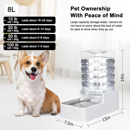 Sfozstra Dog Water Bowl Dispenser: 8L Lagre Automatic Gravity White Upgraded Pet Water Dispenser - Stainless Steel Bowl - BPA-Free - Two Caps and Filters for Multiple Pets