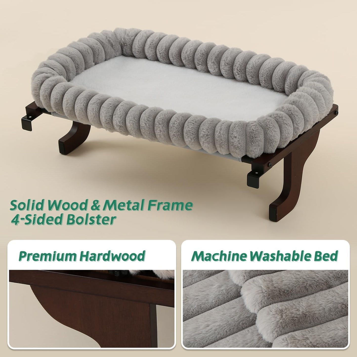 Zakkart SnugCloud Cat Window Perch with 4-Sided Bolster - Orthopedic Cat Hammock for Window Sill - Solid Hardwood & Metal Frame - Window Seat for Pets (Dark Stained Wood w/Gray Bed, Large)