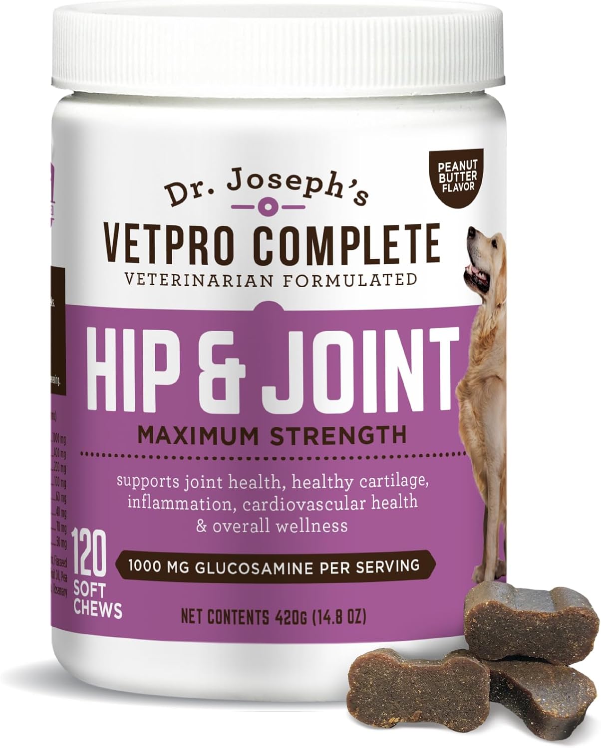 VetPro Complete Dr. Joseph's Peanut Butter Hip and Joint Dog Chews, 120 Count, Pain and Inflammation Relief with Glucosamine, Chondroitin, MSM, Turmeric, Vitamin C, Omega 3, Treats Hip Dysplasia