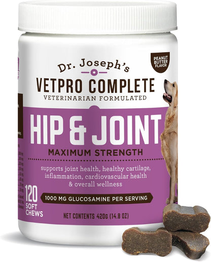 VetPro Complete Dr. Joseph's Peanut Butter Hip and Joint Dog Chews, 120 Count, Pain and Inflammation Relief with Glucosamine, Chondroitin, MSM, Turmeric, Vitamin C, Omega 3, Treats Hip Dysplasia